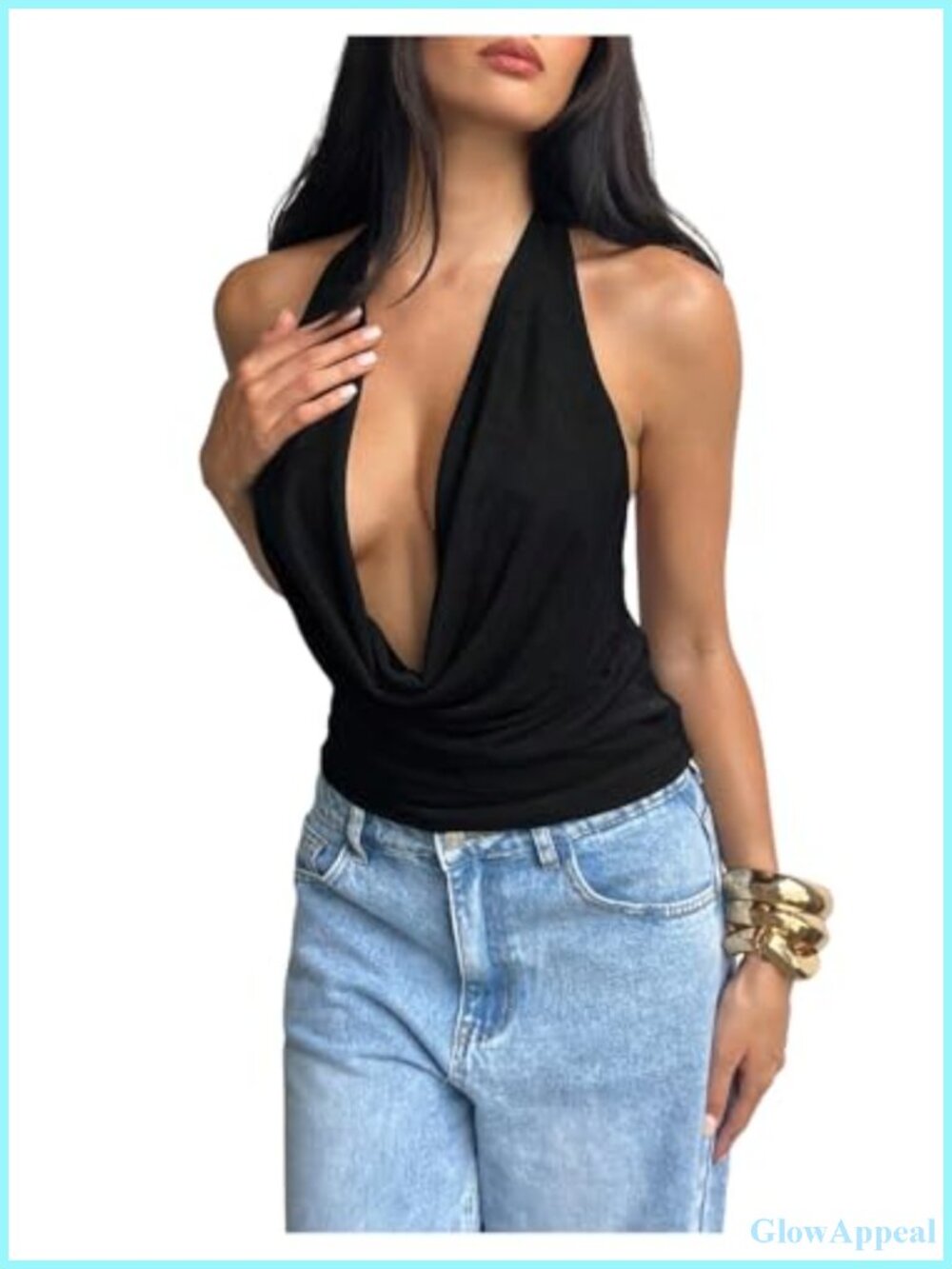 Cowl Neck Halter Crop Top Slim Fit Sleeveless Summer Party Club